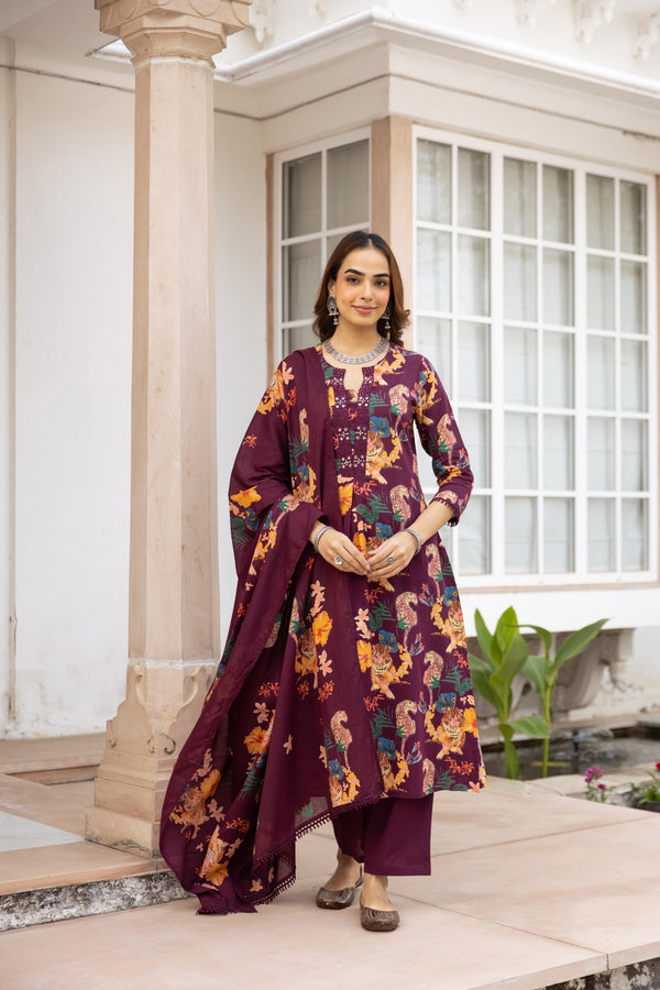 Nehamta Women's Maroon Cotton Kurta with Pant & Dupatta