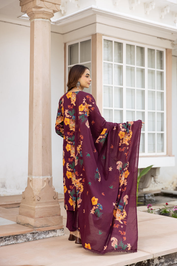 Nehamta Women's Maroon Cotton Kurta with Pant & Dupatta