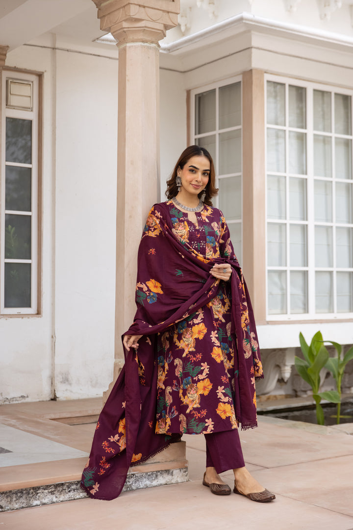 Nehamta Women's Maroon Cotton Kurta with Pant & Dupatta