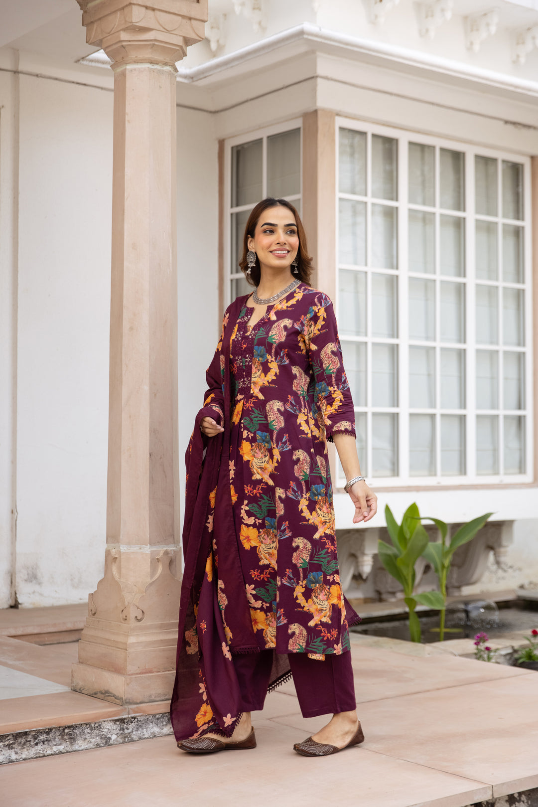 Nehamta Women's Maroon Cotton Kurta with Pant & Dupatta