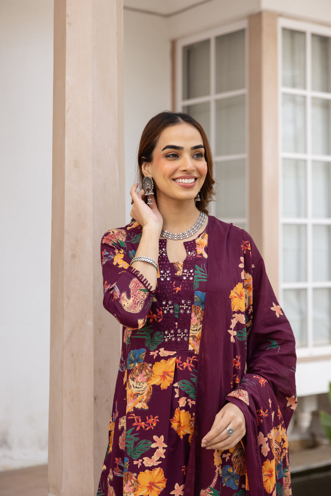 Nehamta Women's Maroon Cotton Kurta with Pant & Dupatta