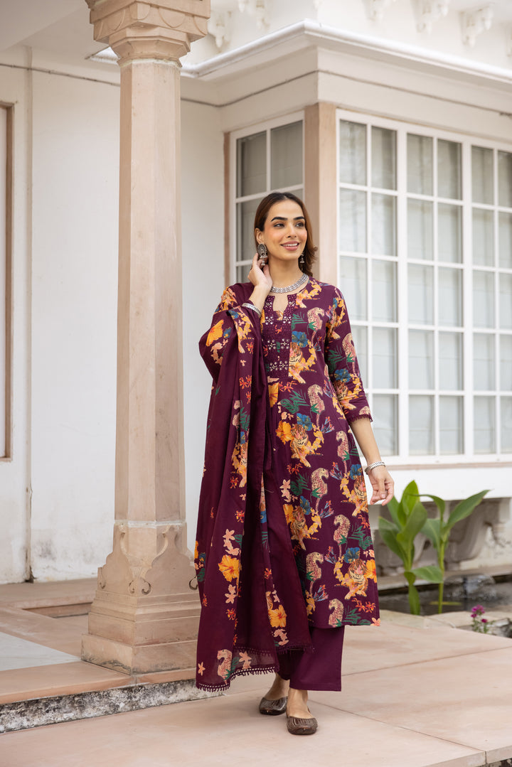 Nehamta Women's Maroon Cotton Kurta with Pant & Dupatta