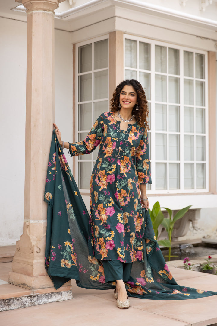 Nehamta Women's Green Cotton Kurta with Pant & Dupatta