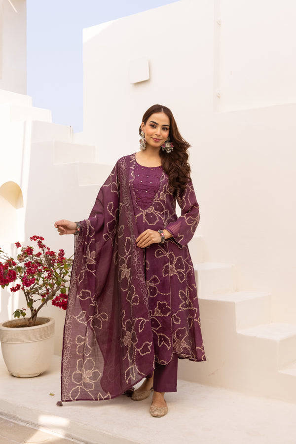 Nehamta Women's Deep Plum  Mulmul Chanderi Kurta With Pant & Dupatta set