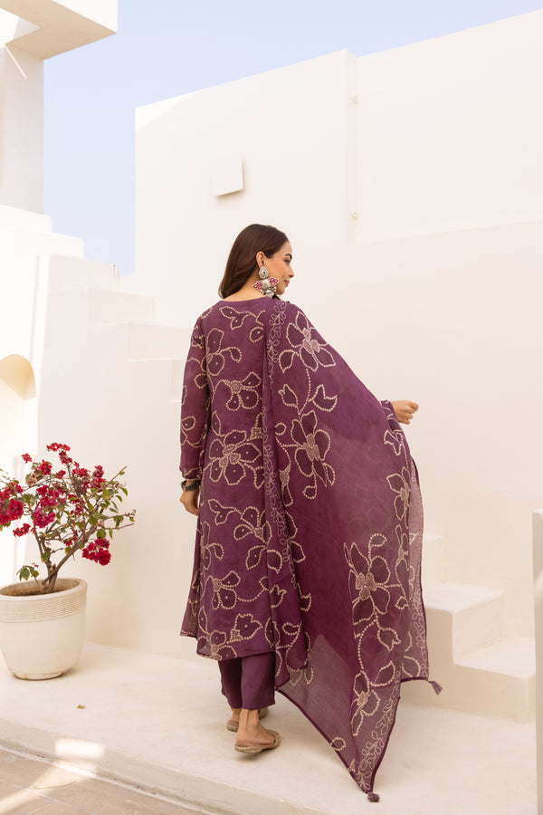 Nehamta Women's Deep Plum  Mulmul Chanderi Kurta With Pant & Dupatta set