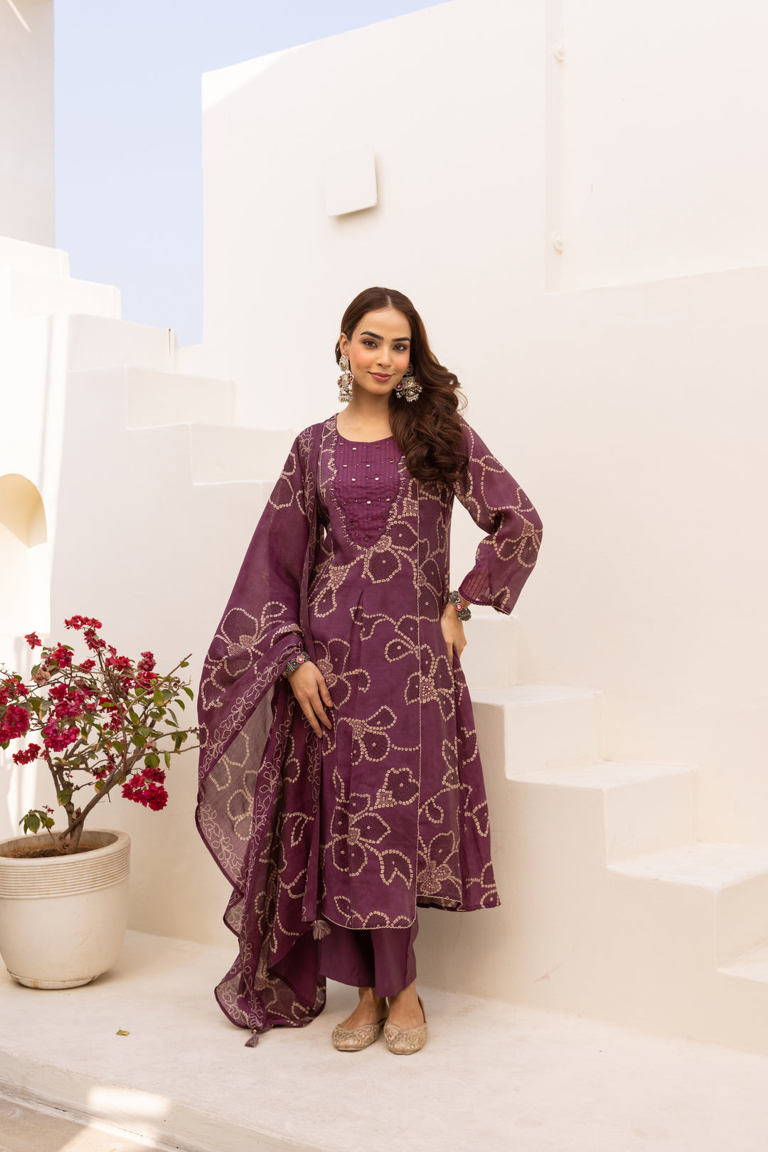 Nehamta Women's Deep Plum  Mulmul Chanderi Kurta With Pant & Dupatta set