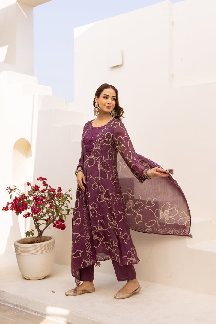 Nehamta Women's Deep Plum  Mulmul Chanderi Kurta With Pant & Dupatta set