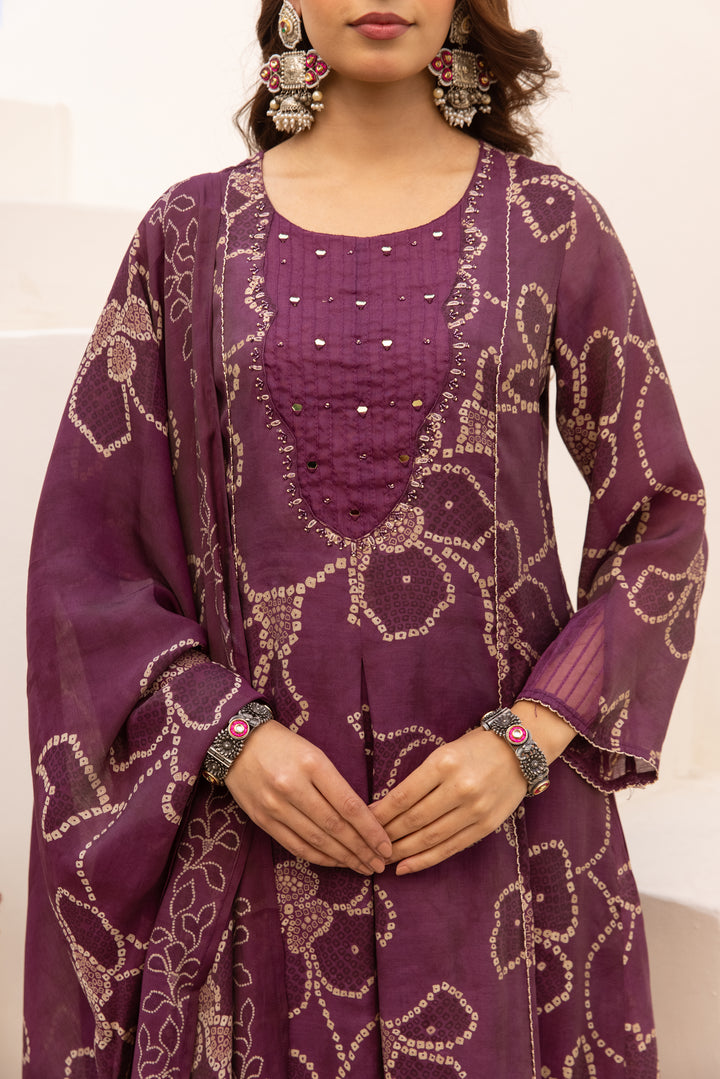Nehamta Women's Deep Plum  Mulmul Chanderi Kurta With Pant & Dupatta set