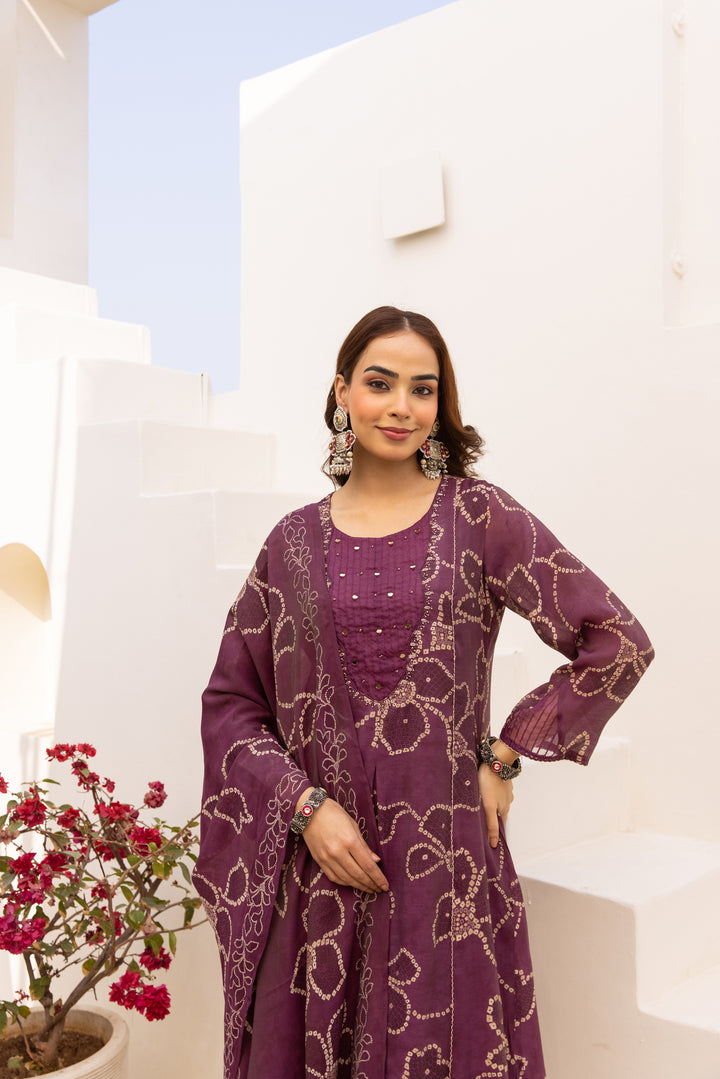 Nehamta Women's Deep Plum  Mulmul Chanderi Kurta With Pant & Dupatta set