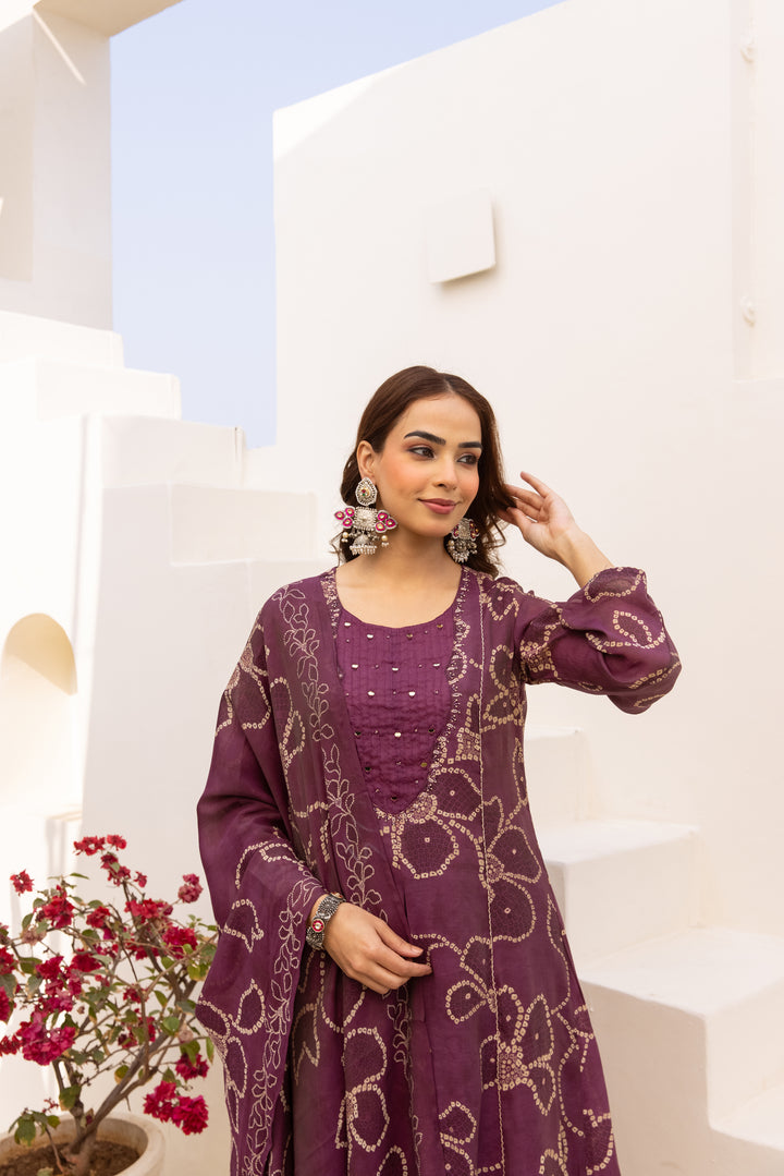 Nehamta Women's Deep Plum  Mulmul Chanderi Kurta With Pant & Dupatta set