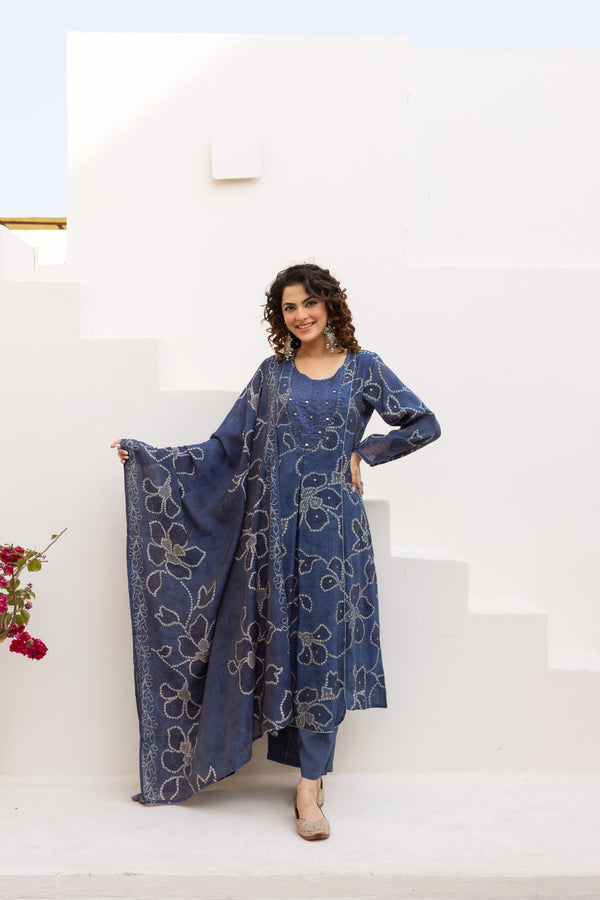 Nehamta Women's Blue Mulmul Chanderi Kurta With Pant & Dupatta set