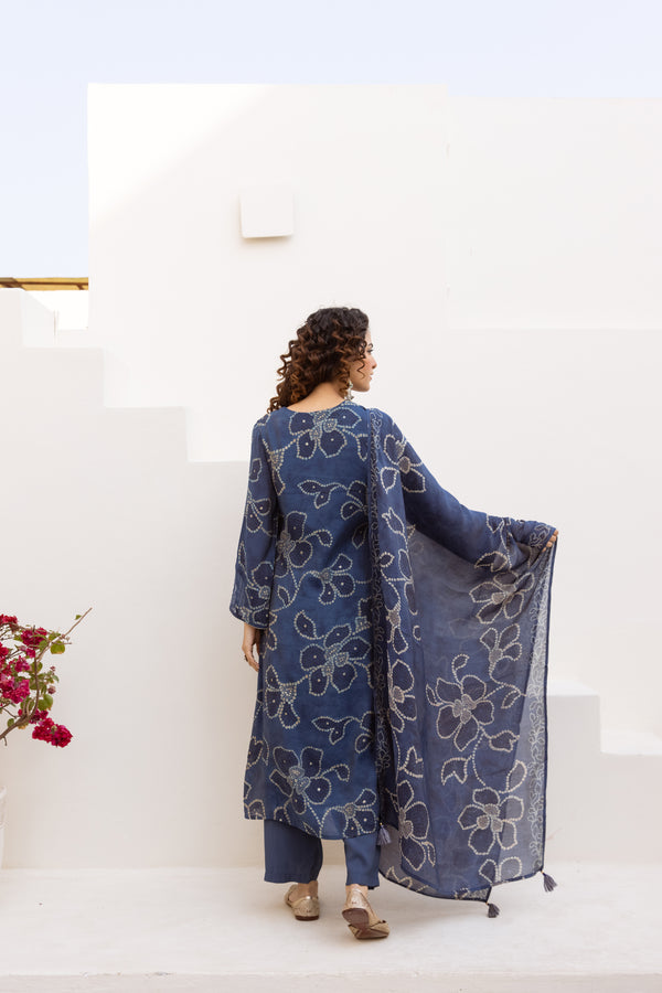 Nehamta Women's Blue Mulmul Chanderi Kurta With Pant & Dupatta set