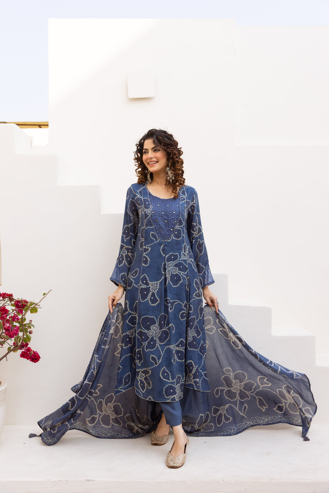 Nehamta Women's Blue Mulmul Chanderi Kurta With Pant & Dupatta set