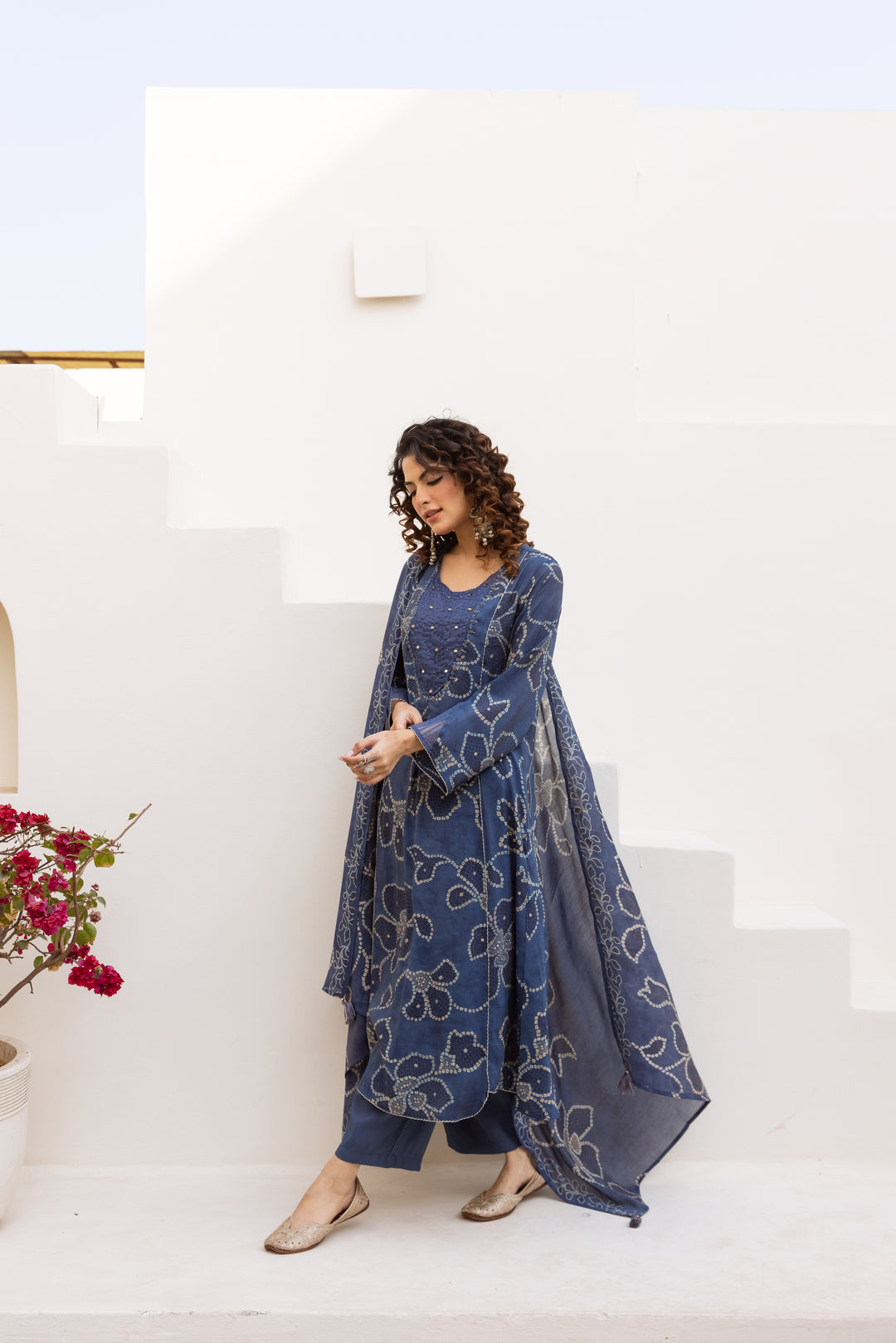Nehamta Women's Blue Mulmul Chanderi Kurta With Pant & Dupatta set