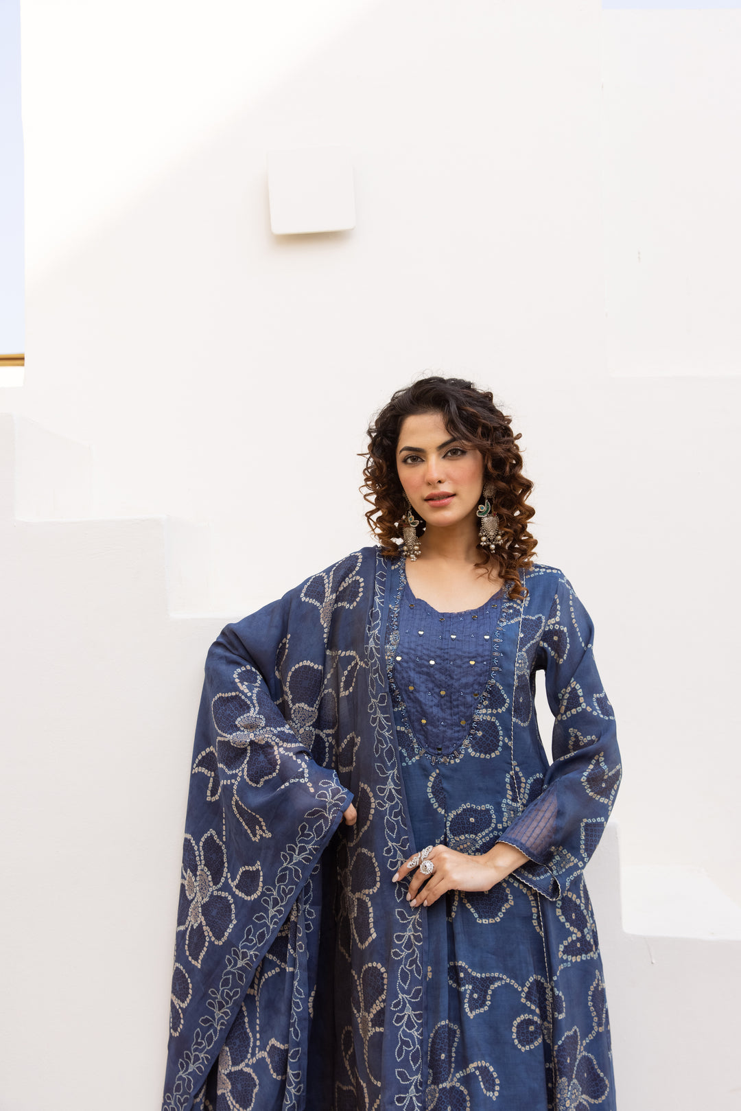 Nehamta Women's Blue Mulmul Chanderi Kurta With Pant & Dupatta set