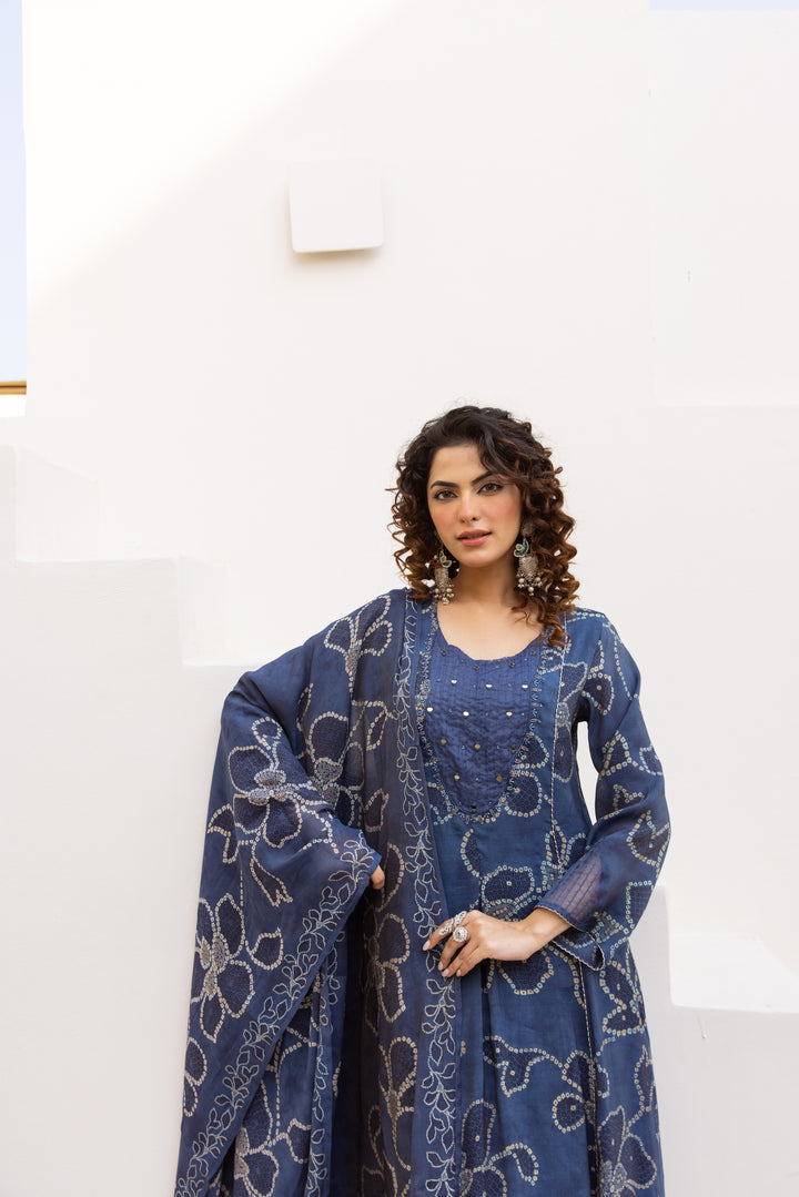 Nehamta Women's Blue Mulmul Chanderi Kurta With Pant & Dupatta set
