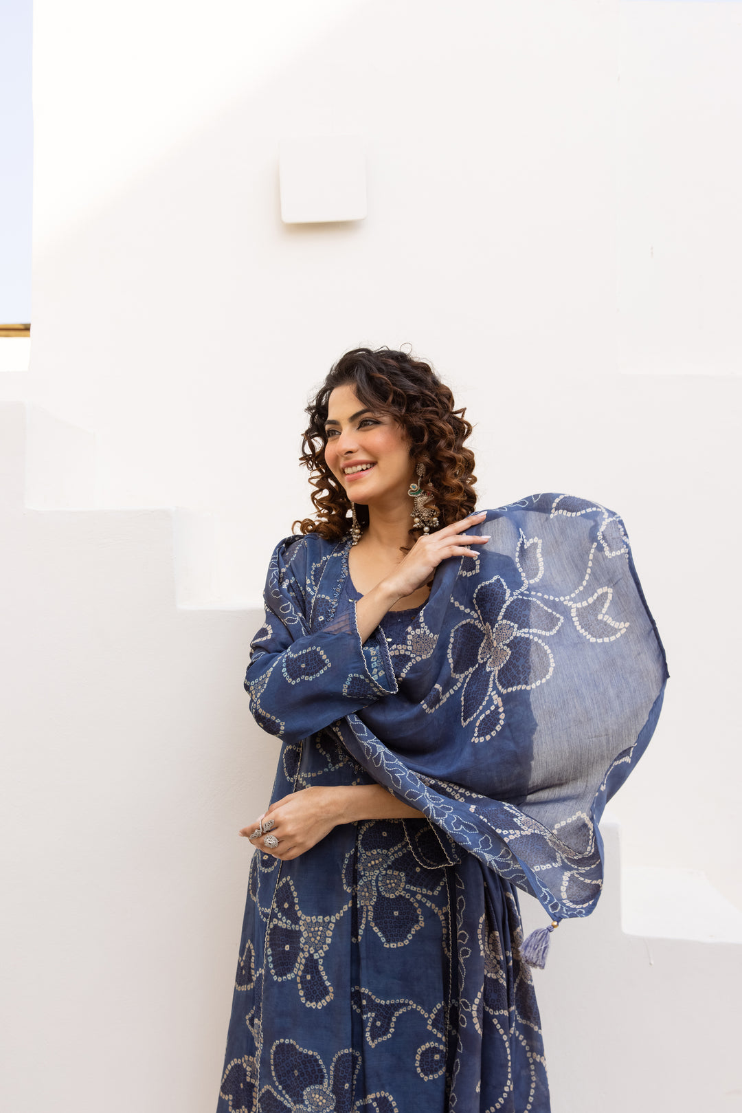 Nehamta Women's Blue Mulmul Chanderi Kurta With Pant & Dupatta set