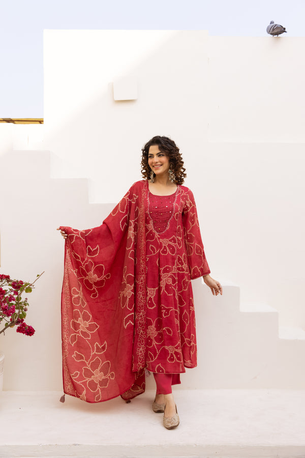 Nehamta Women's Red Mulmul Chanderi Kurta With Pant & Dupatta set