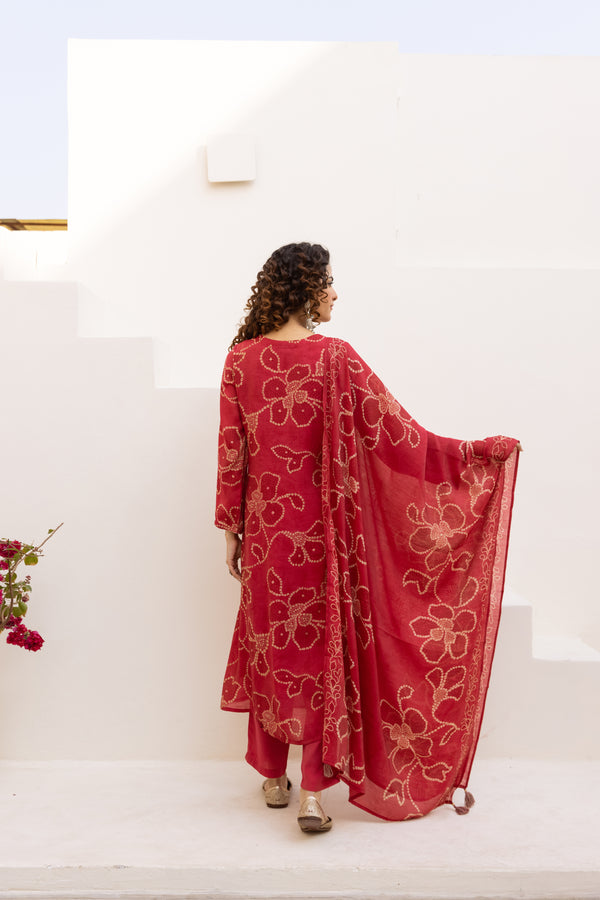 Nehamta Women's Red Mulmul Chanderi Kurta With Pant & Dupatta set