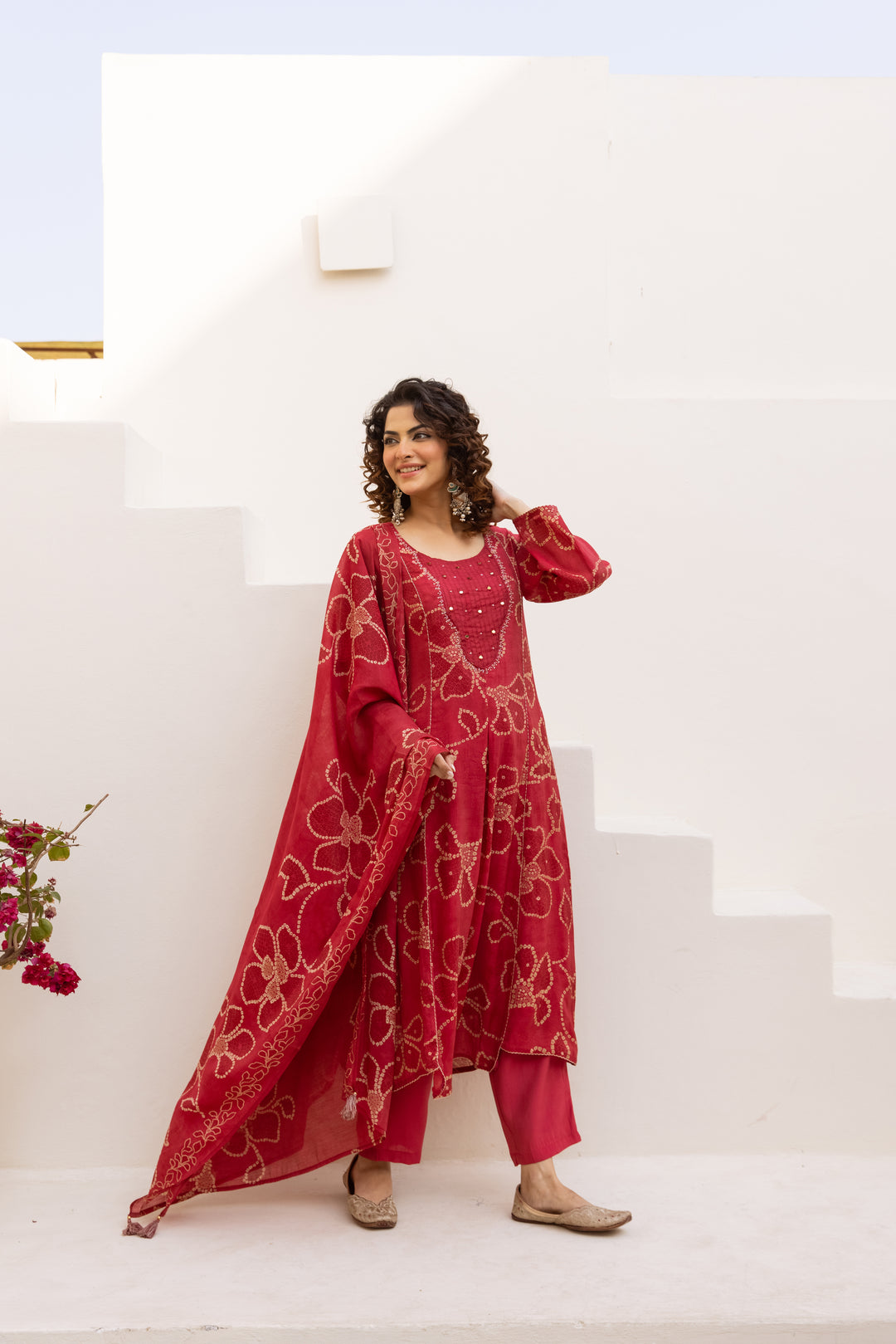 Nehamta Women's Red Mulmul Chanderi Kurta With Pant & Dupatta set