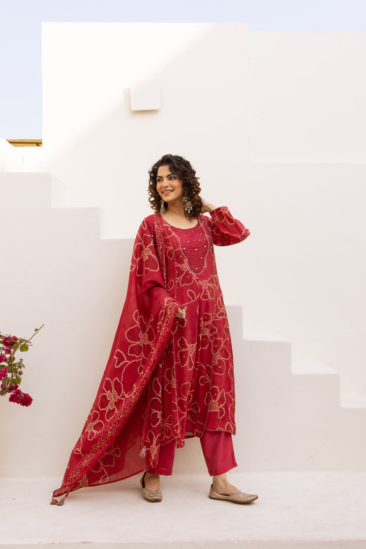Nehamta Women's Red Mulmul Chanderi Kurta With Pant & Dupatta set