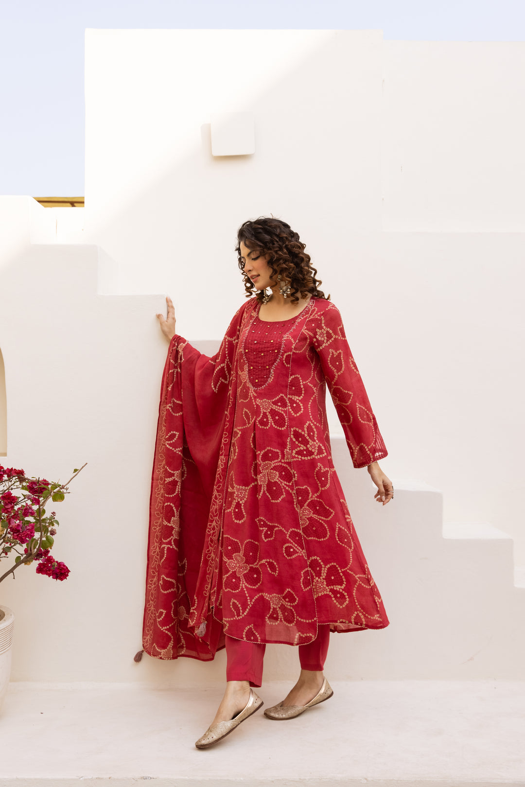 Nehamta Women's Red Mulmul Chanderi Kurta With Pant & Dupatta set