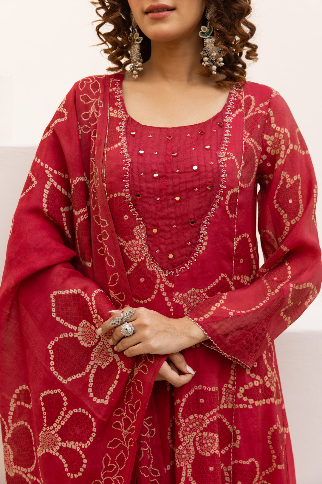 Nehamta Women's Red Mulmul Chanderi Kurta With Pant & Dupatta set