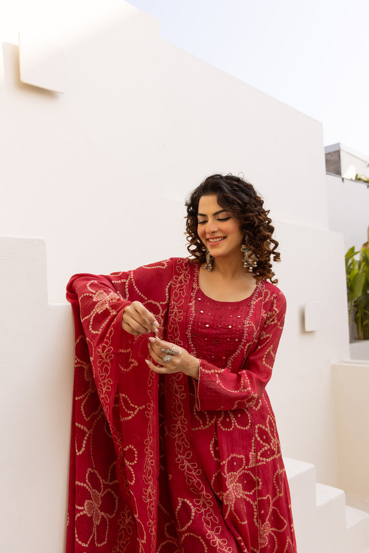 Nehamta Women's Red Mulmul Chanderi Kurta With Pant & Dupatta set