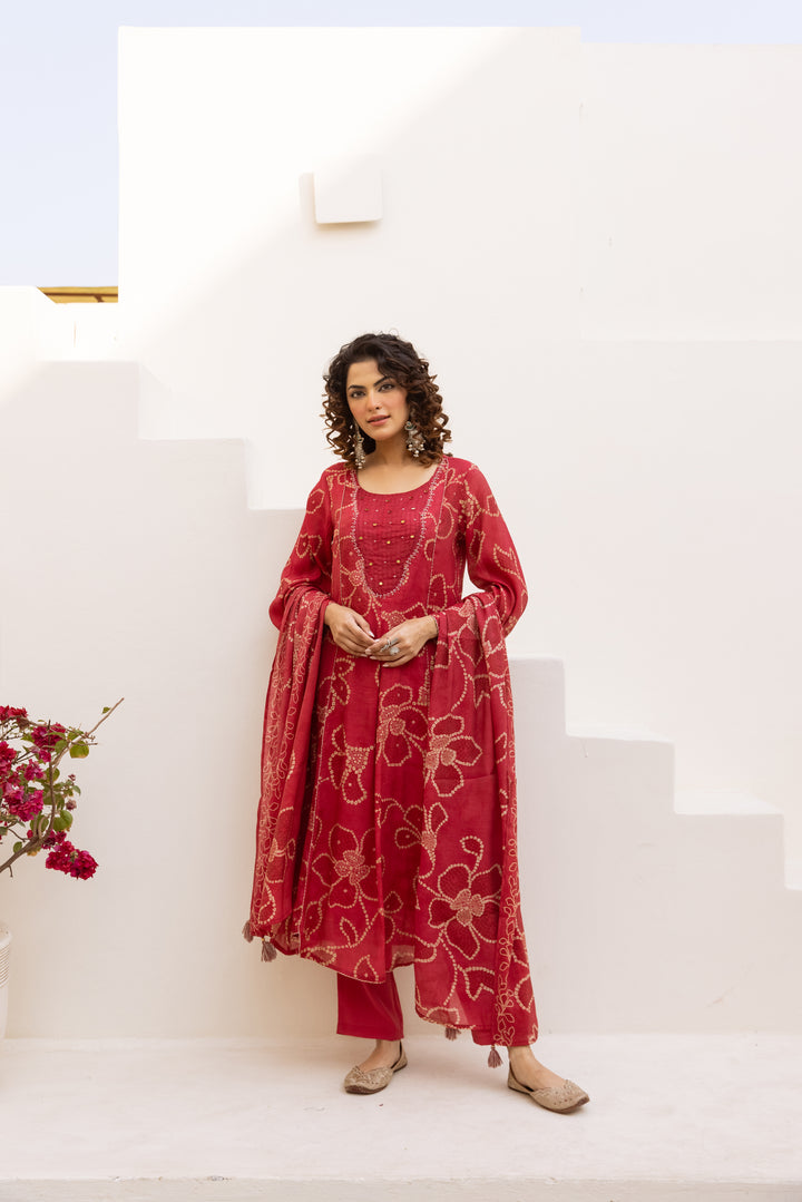 Nehamta Women's Red Mulmul Chanderi Kurta With Pant & Dupatta set