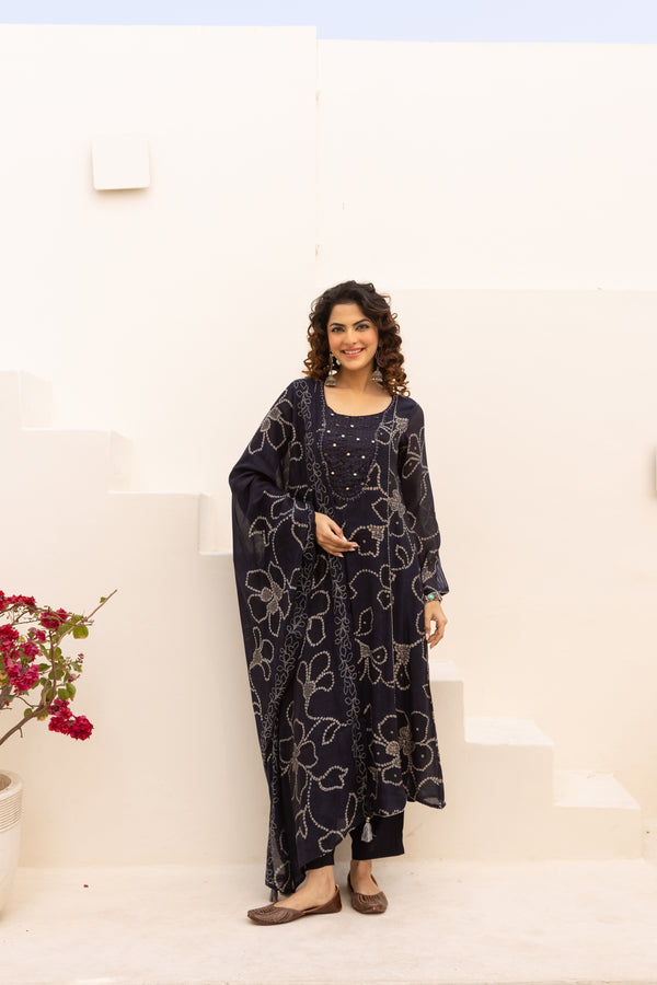 Nehamta Women's Navy Blue Mulmul Chanderi Kurta With Pant & Dupatta set