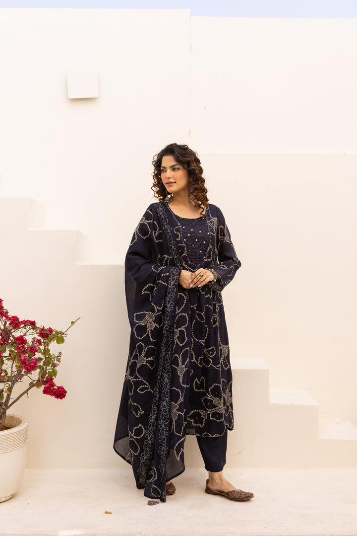 Nehamta Women's Navy Blue Mulmul Chanderi Kurta With Pant & Dupatta set