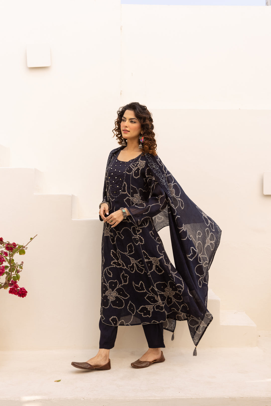 Nehamta Women's Navy Blue Mulmul Chanderi Kurta With Pant & Dupatta set