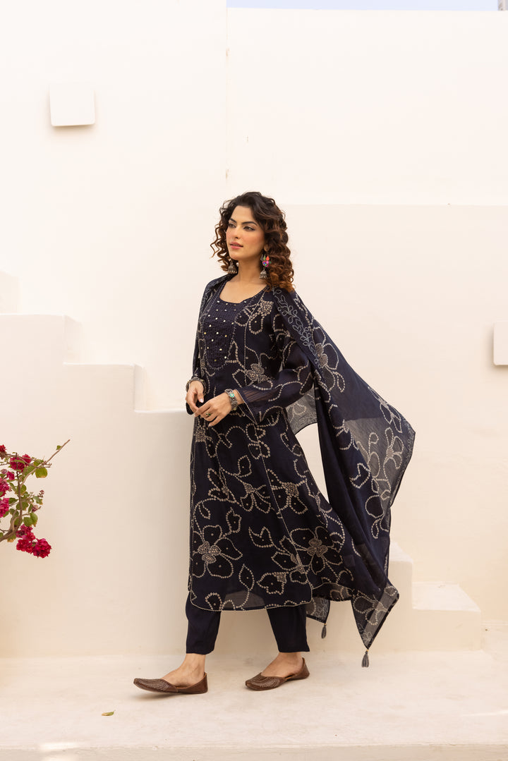 Nehamta Women's Navy Blue Mulmul Chanderi Kurta With Pant & Dupatta set