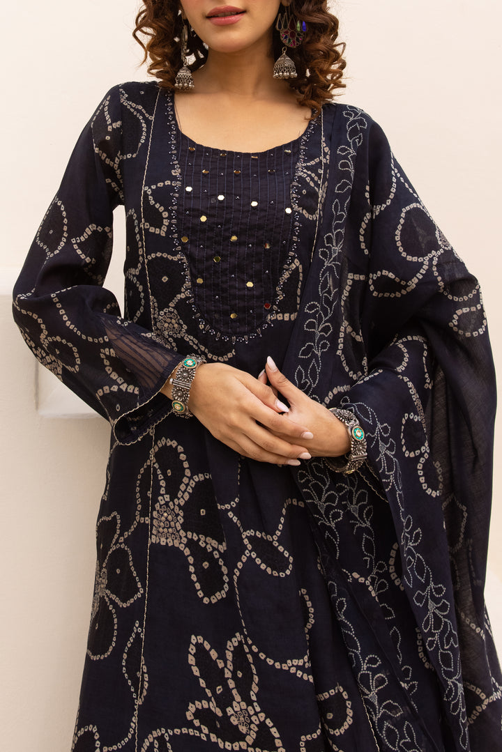 Nehamta Women's Navy Blue Mulmul Chanderi Kurta With Pant & Dupatta set