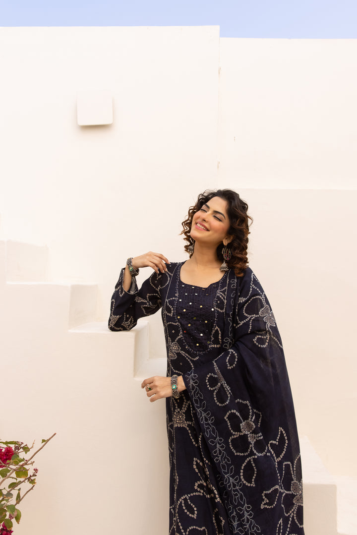Nehamta Women's Navy Blue Mulmul Chanderi Kurta With Pant & Dupatta set