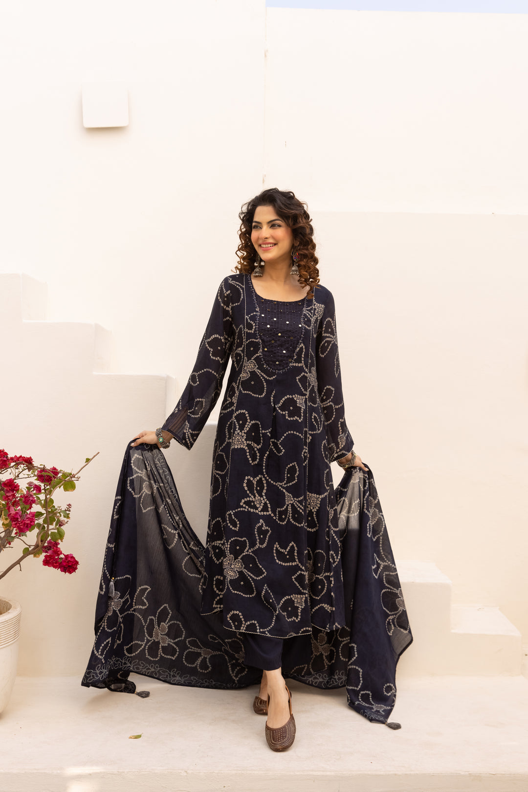 Nehamta Women's Navy Blue Mulmul Chanderi Kurta With Pant & Dupatta set