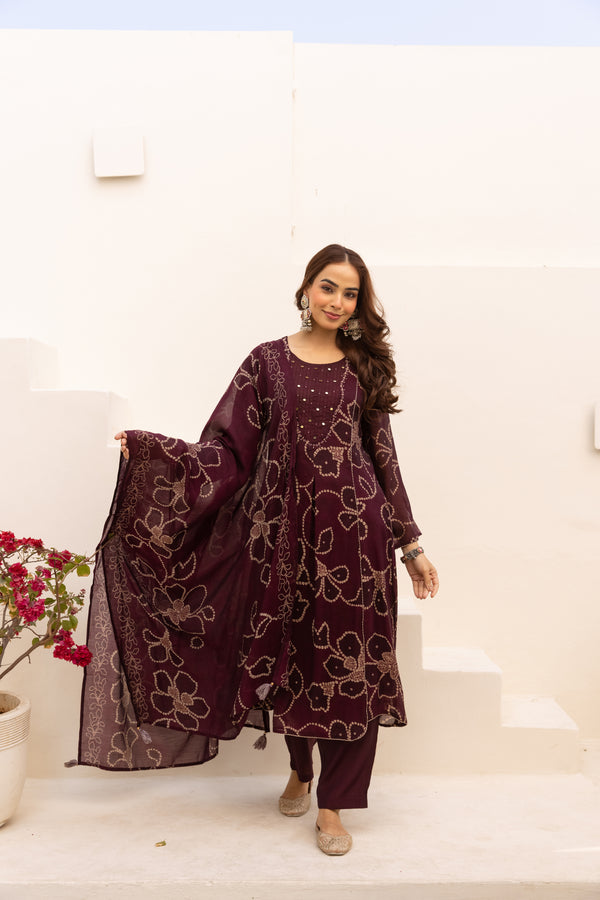 Nehamta Women's Maroon Mulmul Chanderi Kurta With Pant & Dupatta set