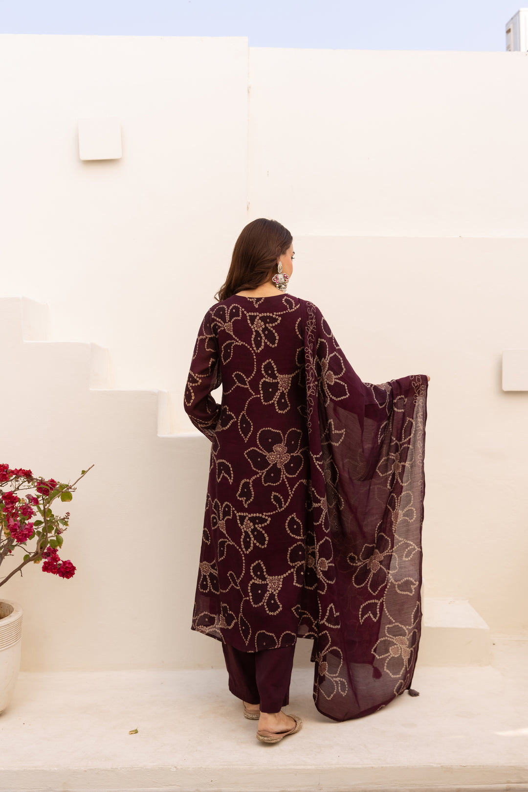Nehamta Women's Maroon Mulmul Chanderi Kurta With Pant & Dupatta set