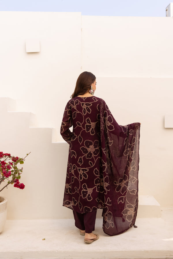 Nehamta Women's Maroon Mulmul Chanderi Kurta With Pant & Dupatta set