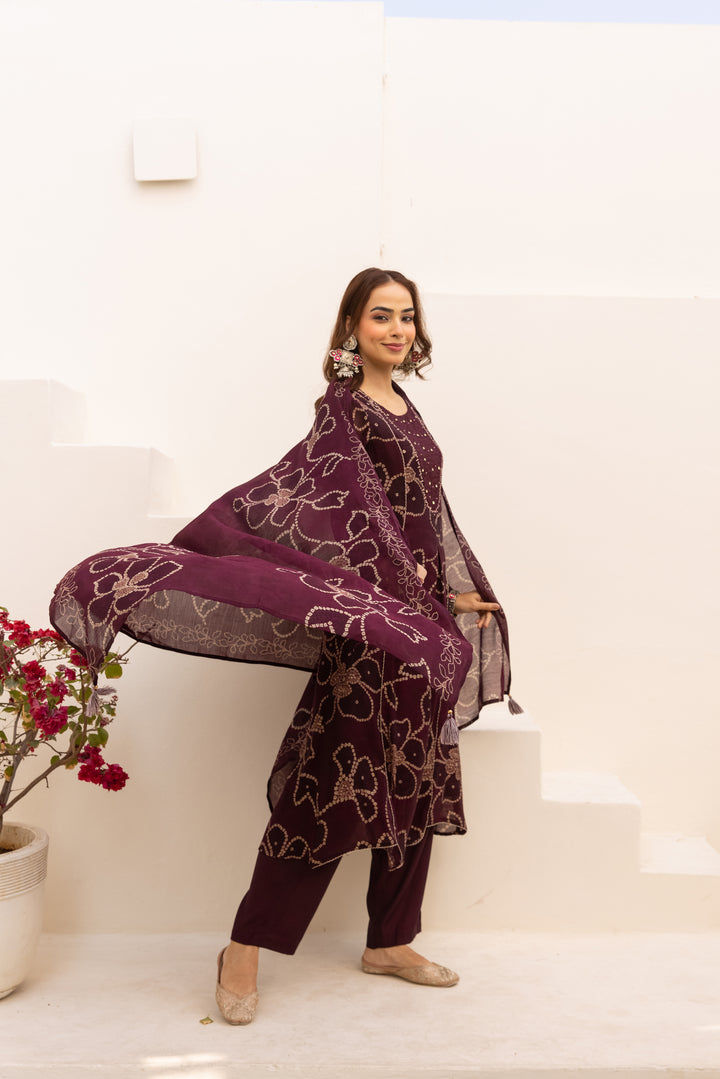 Nehamta Women's Maroon Mulmul Chanderi Kurta With Pant & Dupatta set