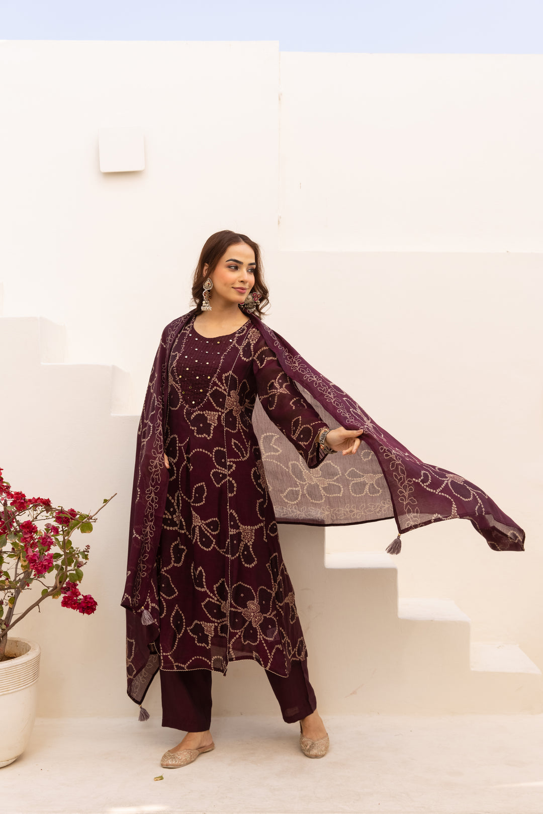 Nehamta Women's Maroon Mulmul Chanderi Kurta With Pant & Dupatta set