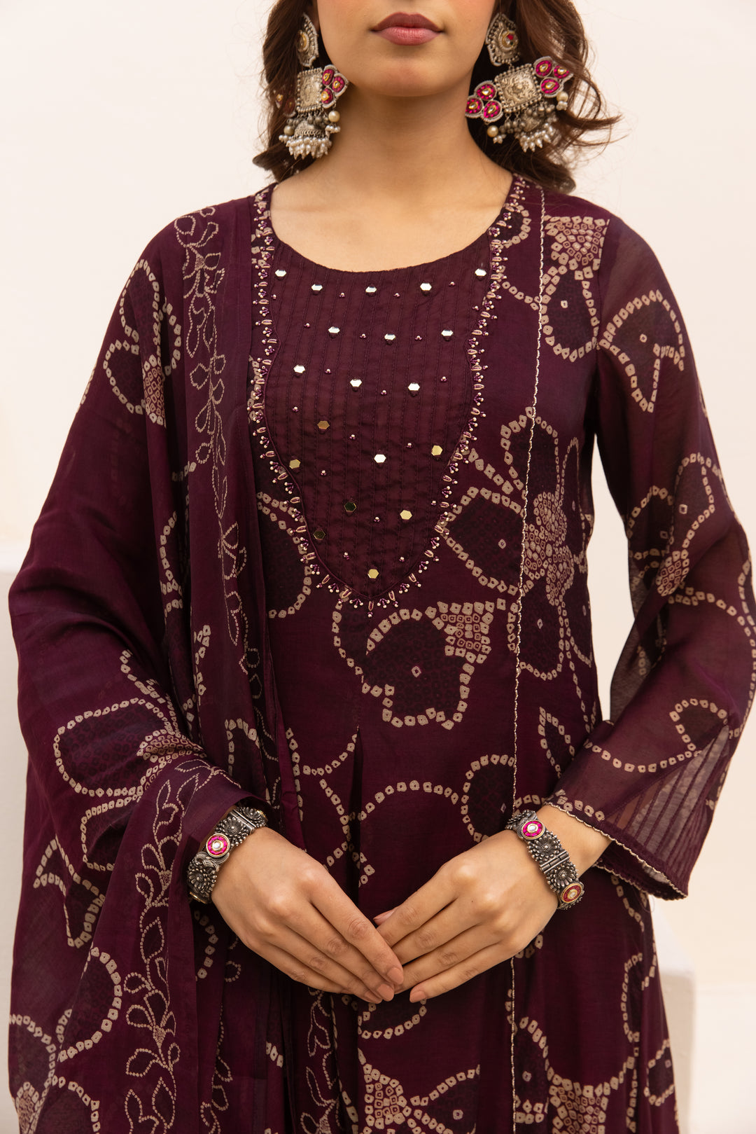 Nehamta Women's Maroon Mulmul Chanderi Kurta With Pant & Dupatta set