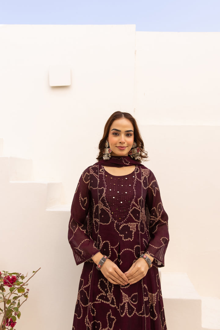 Nehamta Women's Maroon Mulmul Chanderi Kurta With Pant & Dupatta set