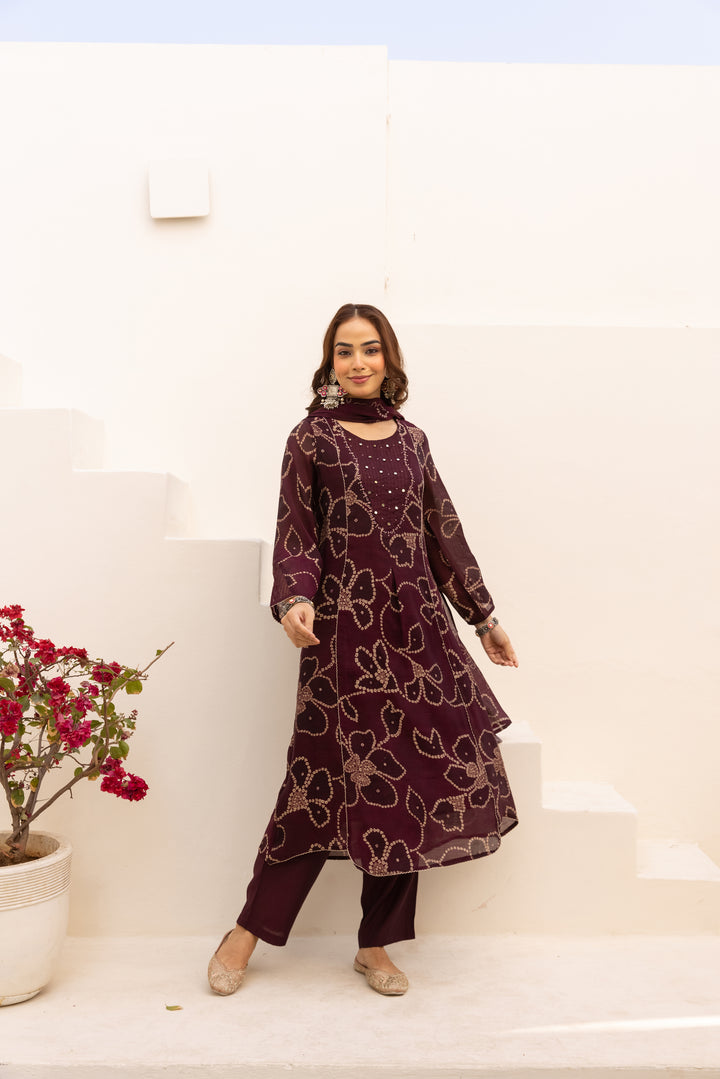 Nehamta Women's Maroon Mulmul Chanderi Kurta With Pant & Dupatta set
