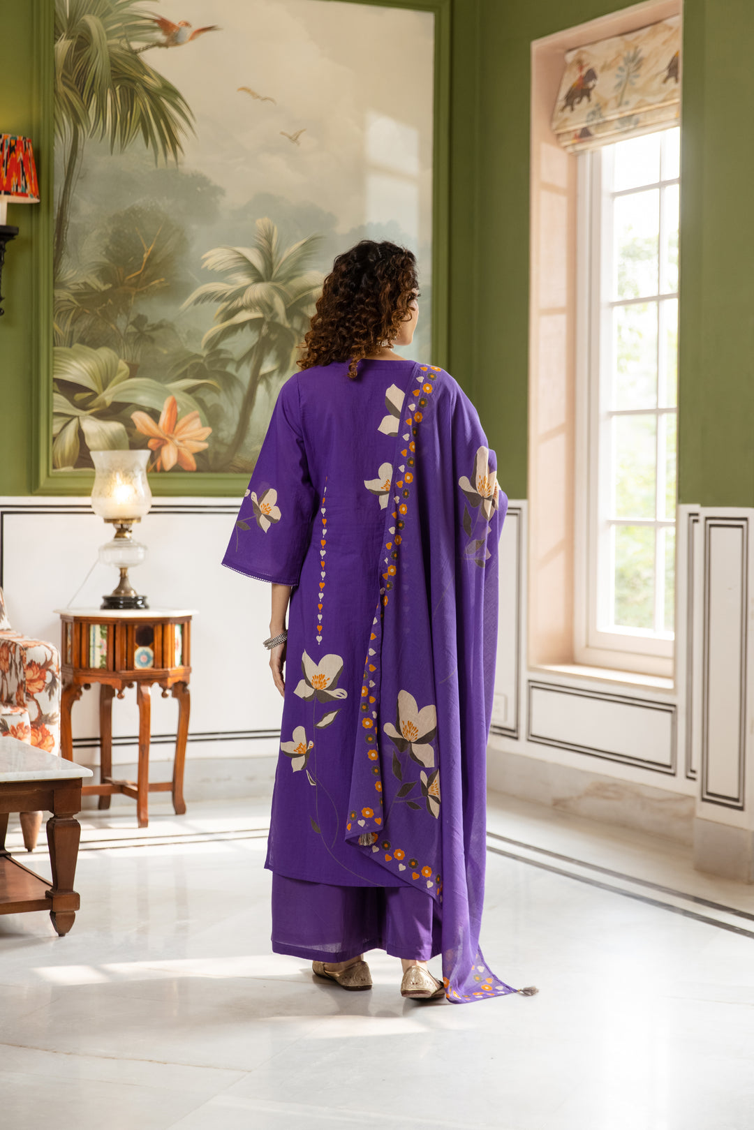 Nehamta Women's purple Cotton 60*60 Kurta With Palazzo & Dupatta set