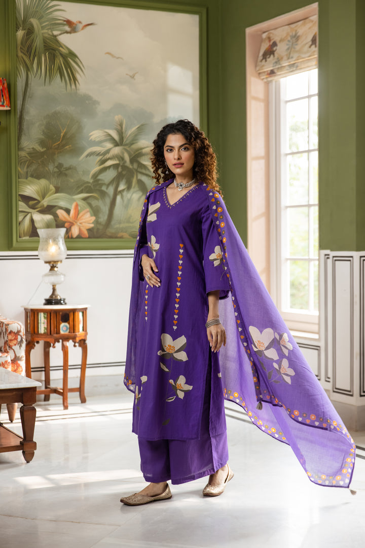 Nehamta Women's purple Cotton 60*60 Kurta With Palazzo & Dupatta set