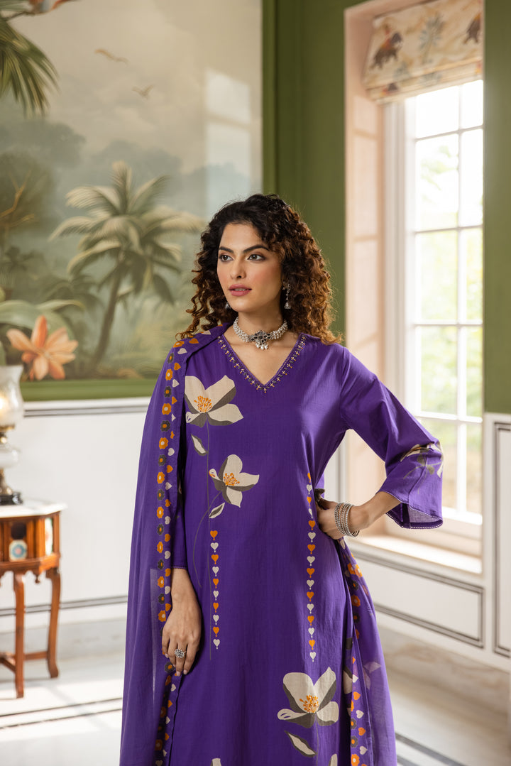 Nehamta Women's purple Cotton 60*60 Kurta With Palazzo & Dupatta set