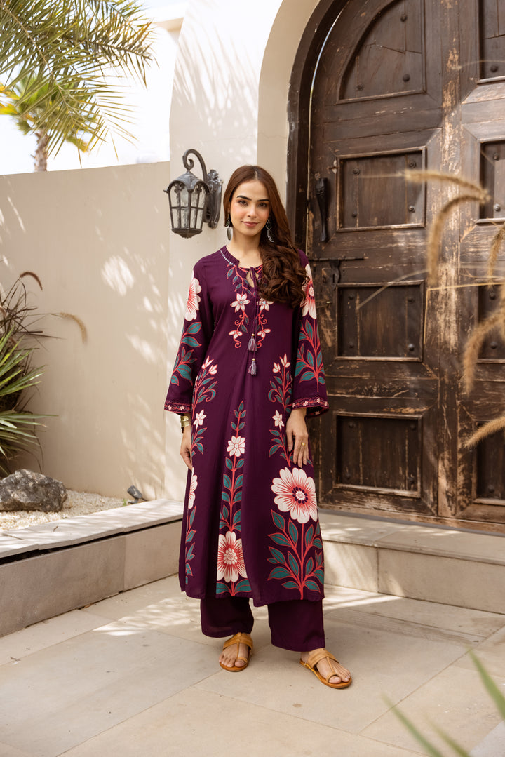 Nehamta Women's Maroon German Rayon Kurta With Pant set