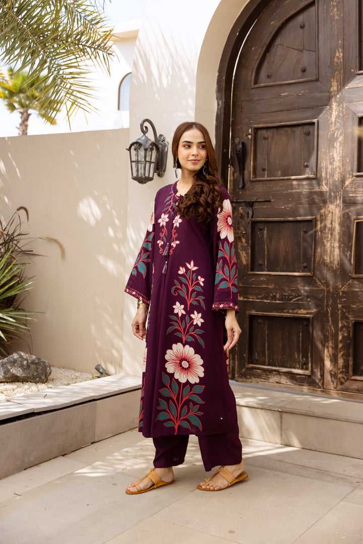 Nehamta Women's Maroon German Rayon Kurta With Pant set