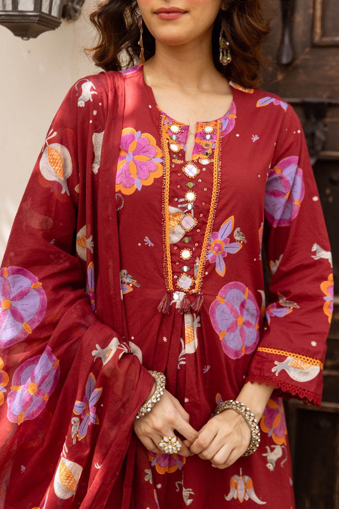 Nehamta Women's Red Cotton 60*60 Kurta With Pant & Dupatta set